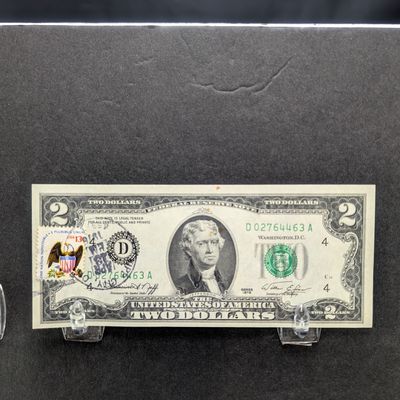 1976 Series $2.00 Federal Reserve Note with Stamp and Cancellation