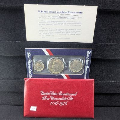 Sale Photo Thumbnail #224: 1976-S Bicentennial US 40% Silver Uncirculated 3 Coin Set - All Coins Are 40% Silver - in Original Mint Packaging.