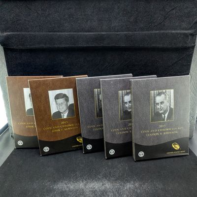 Sale Photo Thumbnail #411: (5) *EMPTY* 2015 Coin and Chronicle JFK & Lyndon B. Johnson Set Books - (2) Kennedy and (3) Johnson. NO COINS - Kennedy sets have a 1963 Stamp and Johnson sets have a 1973 stamp. All paperwork included.