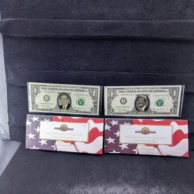 Sale Photo Thumbnail #259: (2) U.S Over Printed Notes - Presidential Election Bills Featuring Bush and Kerry. Gem Crisp 2003 notes with original papers. Neat Notes.