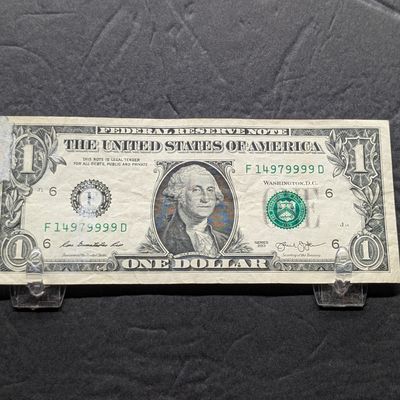 Sale Photo Thumbnail #162: 2013 Series US $1 Federal Reserve Note issued in Georgia - Fancy Serial Number (Quad 9s)