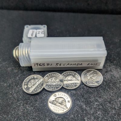 Full Roll of Gem BU 1965 Canadian Nickels, some are Proof Like.