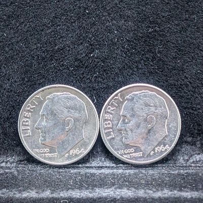 Sale Photo Thumbnail #384: 1964-P & 1964- D Roosevelt 90% Silver Dimes, 62 Years old