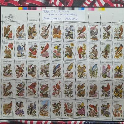 Sale Photo Thumbnail #424: 1982 Birds & Flowers Stamp Sheet, Mint, Original Gum, Never Hinged
