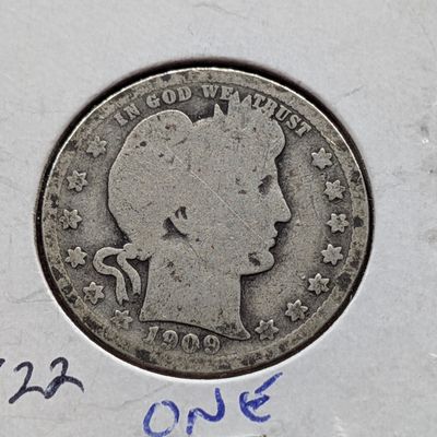 Sale Photo Thumbnail #163: 1909 Barber 90% Silver Quarter - 117 Years Old!