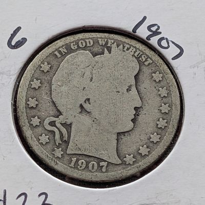 Sale Photo Thumbnail #235: 1907 Barber 90% Silver Quarter - 119 Years Old!