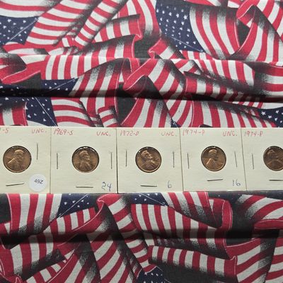 Sale Photo Thumbnail #343: (2) 1969-S "Proof", 1972-D and (2) 1974-P Lincoln Memorial Cents