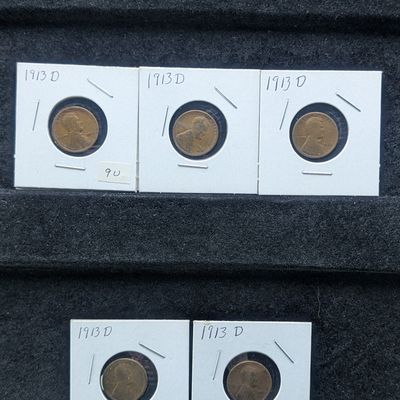 (5) 1913-D Lincoln Wheat Cents - Semi-Key Date!!