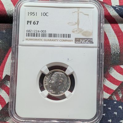 Sale Photo Thumbnail #299: 1951 Roosevelt 90% Silver Dime NGC PF 67
