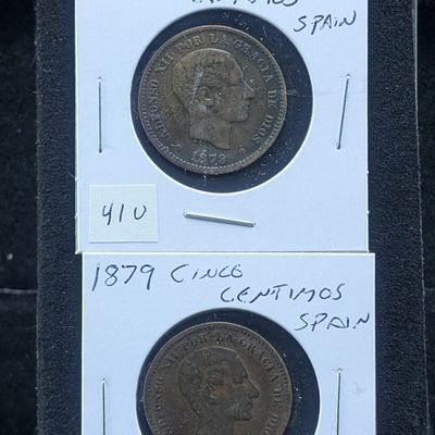 Sale Photo Thumbnail #287: (2) 1879 Cinco Centimos Coins from Spain. Nice Shape.