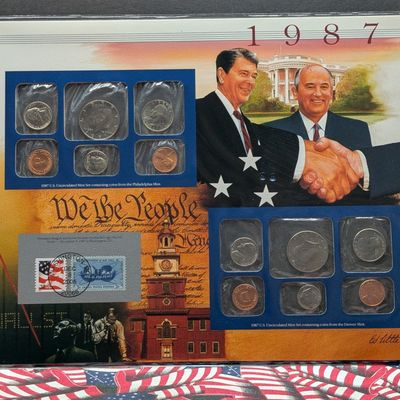 Sale Photo Thumbnail #393: 1987 P&D U.S. Uncirculated Mint Coin Sets With Stamps