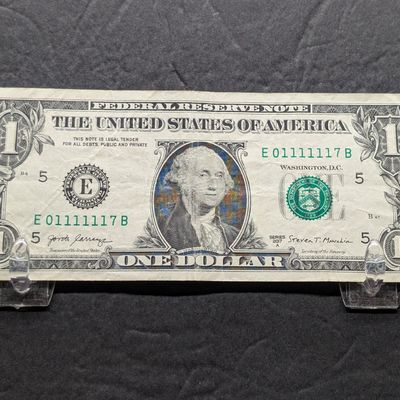 Sale Photo Thumbnail #268: 2017 A Series U.S. $1 Federal Reserve Note issued in Virginia - Trinary Serial Number, also 6 One's in a Row