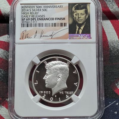 Sale Photo Thumbnail #312: 2014-S Silver Kennedy 50th Anniversary Half Dollar NGC SP 69 DPL ENHANCED FINISH, High Relief, Early Releases