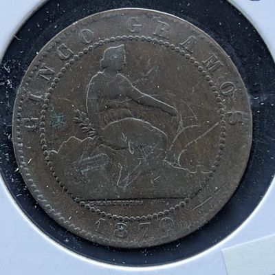 1870 Cinco Centimos Spanish Coin.