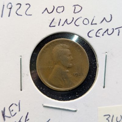 Sale Photo Thumbnail #217: 1922 No D Lincoln Cent in VG-F condition, (die1).