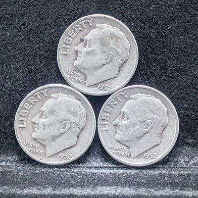Sale Photo Thumbnail #241: (3) 1952-D Roosevelt 90% Silver Dimes, 74 Years old