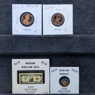 1981-S & 2002-S Proof Lincoln Memorial Cents, Nixon Small Coin and Nixon Small Bill.