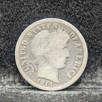 Sale Photo Thumbnail #262: 1914 Barber 90% Silver Dime, 112 Years old