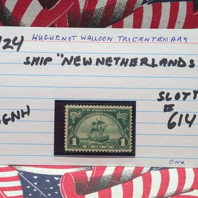 Sale Photo Thumbnail #434: 1924 Huguenot Walloon Tricentenary One Cent Stamp, Scott # 614, Mint, Original Gum, Never Hinged
