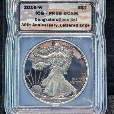 Sale Photo Thumbnail #174: 2016-W American Silver Eagle Congratulations Set ICG PR 69 DCAM - 30th Anniversary, Lettered Edge
