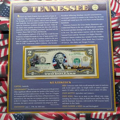 2013 Series U.S. Two Dollar Federal Reserve Note - Danbury Mint Tennessee Enhanced Issue