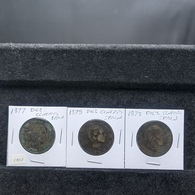 1877, 1878 and 1879 Diez Centimos Coins from Spain.