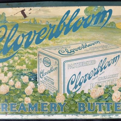Sale Photo Thumbnail #504: Cloverbloom Creamery Butter SST Tin Over Cardboard Farm Sign