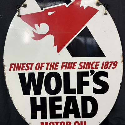 Sale Photo Thumbnail #254: Wolf's Head Motor Oil DST Painted Metal Hanging Sign
