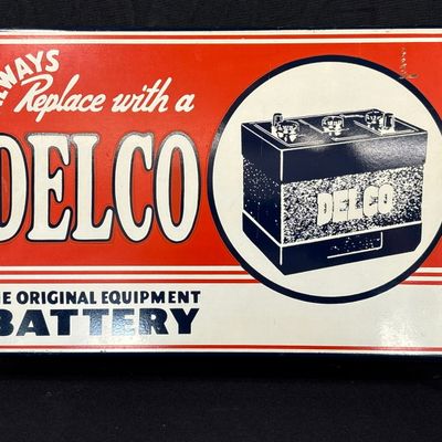 Sale Photo Thumbnail #26: Delco Original Battery Equipment Metal Rack Topper Sign NOS