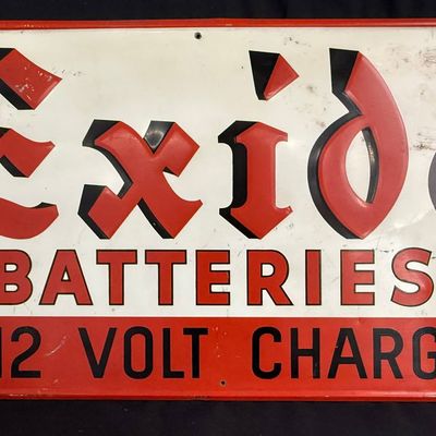 Sale Photo Thumbnail #170: Exide Batteries 6 & 12 Volt Charging Embossed SST Metal Sign