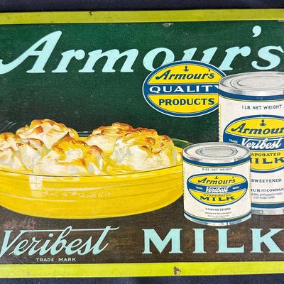 Sale Photo Thumbnail #514: Armour's Veribest Evaporated Milk Tin Over Cardboard Sign