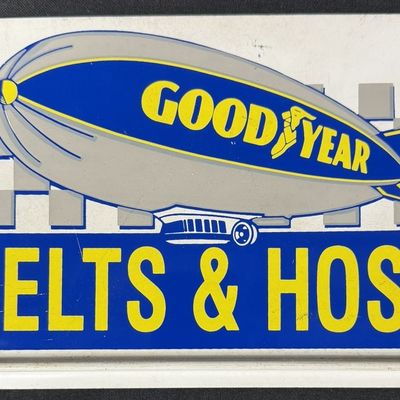 Sale Photo Thumbnail #266: Goodyear Tires Belts & Hose SST Tin Metal Rack Topper Sign