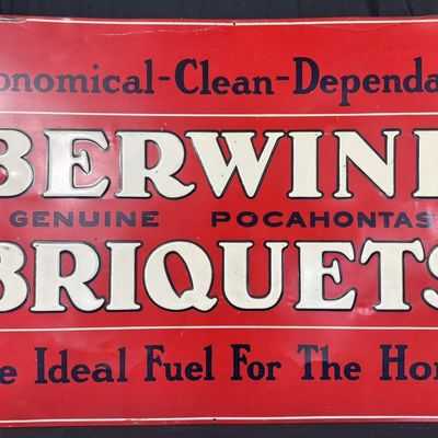 Sale Photo Thumbnail #357: Berwind Briquets Genuine Pocahontas SST Tin Embossed Sign