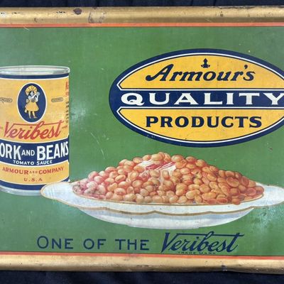 Sale Photo Thumbnail #519: Armour's Veribest Pork & Beans TOC Tin Cardboard Store Sign