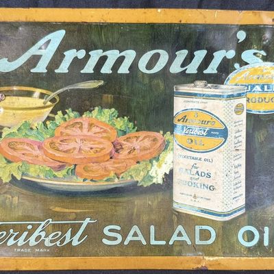 Sale Photo Thumbnail #510: Armour's Veribest Salad Oil Tin Over Cardboard 1920s Sign