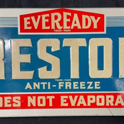 Sale Photo Thumbnail #148: Eveready Prestone Anti Freeze Embossed Rack Topper Sign
