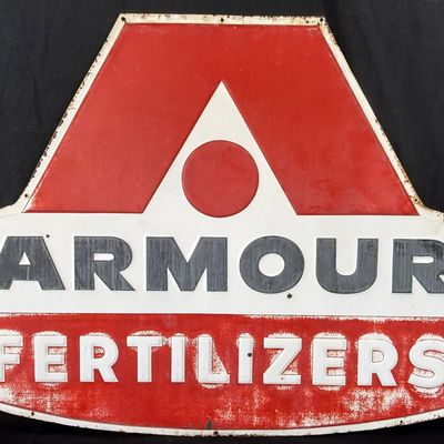 Sale Photo Thumbnail #410: 1953 Armour Fertilizer SST Tin Embossed Diecut Farm Sign