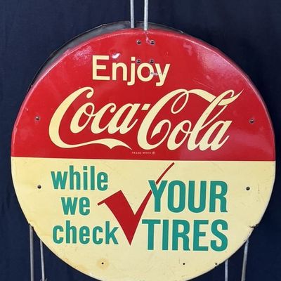 Sale Photo Thumbnail #292: Enjoy Coca Cola While We Check Tires Tin Tire Display Rack