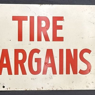 Sale Photo Thumbnail #218: Sinclair Goodyear Tire Bargains SST Metal Rack Topper Sign