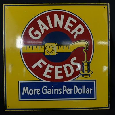 Sale Photo Thumbnail #397: Gainer Feeds More Gains Per Dollar Painted Metal Farm Sign