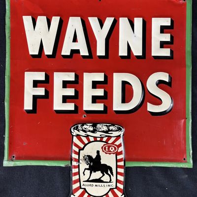 Sale Photo Thumbnail #525: Wayne Feeds SST Tin Embossed Farm Advertising Sign
