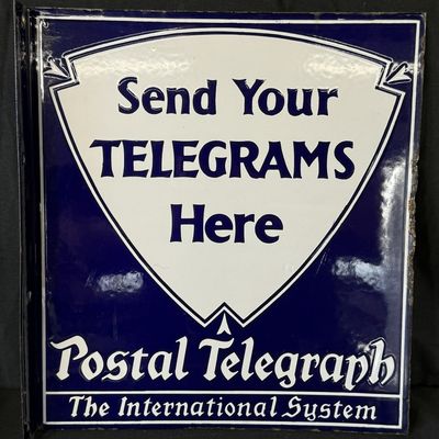 Sale Photo Thumbnail #325: Send Telegrams Here Postal Telegraph Porcelain Flange Sign