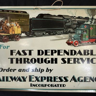 Sale Photo Thumbnail #129: Railway Express Agency Tin Over Cardboard TOC Service Sign