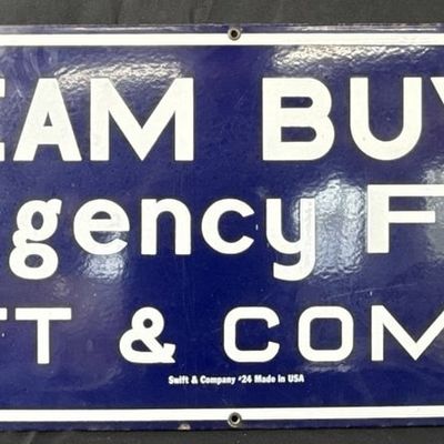 Sale Photo Thumbnail #499: Cream Buying Agency Swift & Co SSP Porcelain Dairy Farm Sign