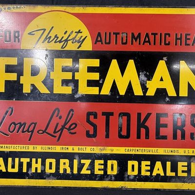 Sale Photo Thumbnail #350: Freeman Long Life Stokers Authorized Dealer Tin Litho Sign