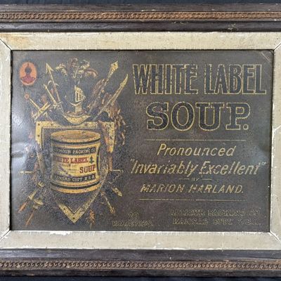 Sale Photo Thumbnail #520: Rare Armour White Label Soup Tin Framed 1890s Store Sign