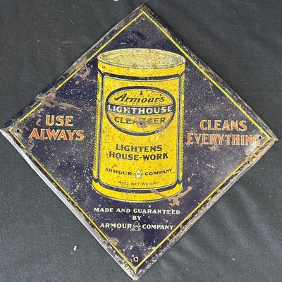 Sale Photo Thumbnail #511: Armour's Lighthouse Cleanser 1920s Tin Over Cardboard Sign