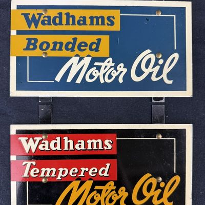 Sale Photo Thumbnail #308: 2 Wadhams Bonded Tempered Motor Oil Quart Bottle Rack Sign
