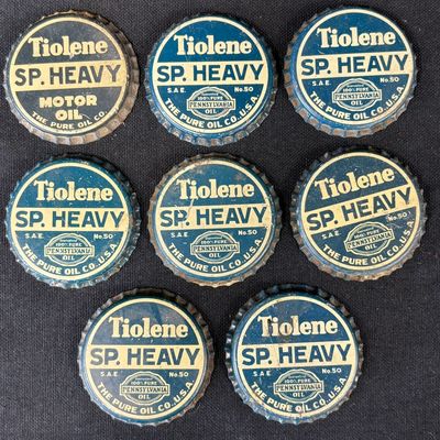 Sale Photo Thumbnail #17: Lot 8 Tiolene SP Heavy The Pure Oil Co Metal Oil Bottle Caps