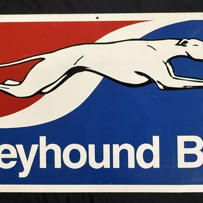 Sale Photo Thumbnail #274: Greyhound Bus Station DST Tin Painted Metal Hanging 4' Sign